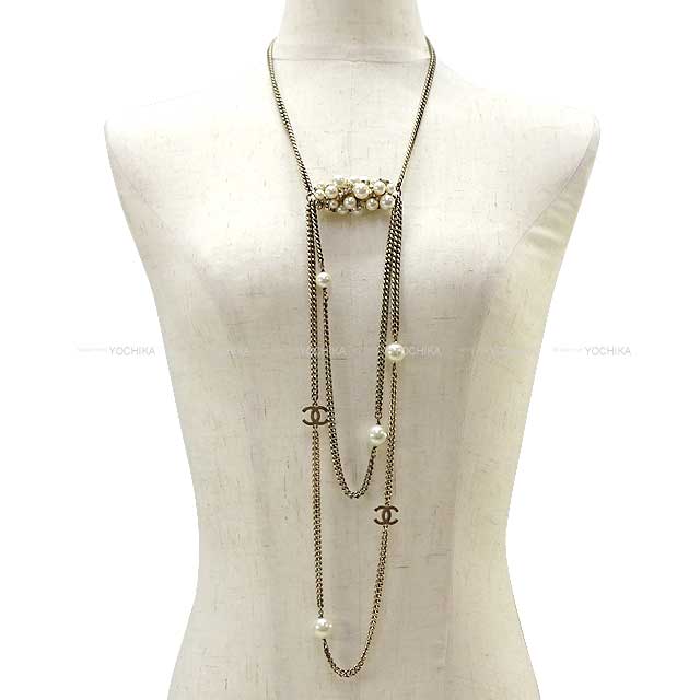 [Pre-loved] 04A HERMES necklace Vintage Pearl Rhinestone Triple chain[LIKE NEW][Authentic]