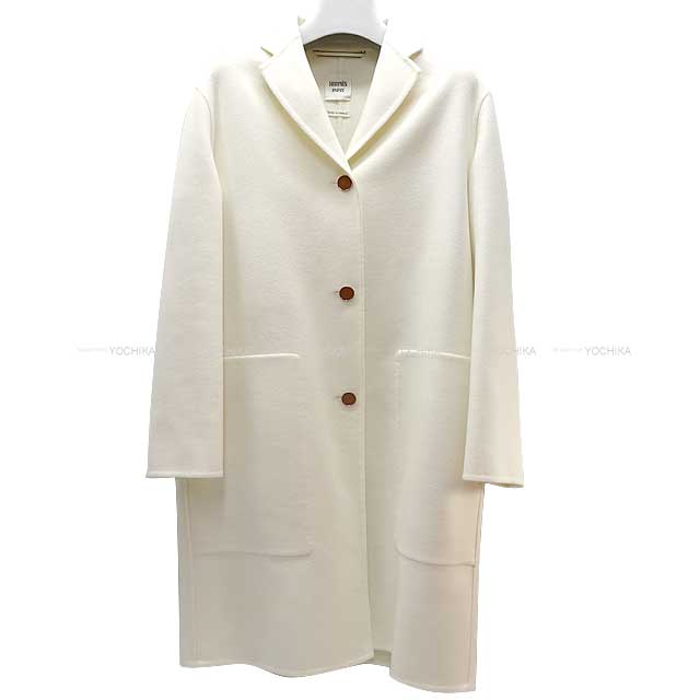 2023 AW HERMES Long Coat Seller Button #38 Blanc (White) Baby Cashmere100%/Agneau Milo[BRAND NEW][Authentic]