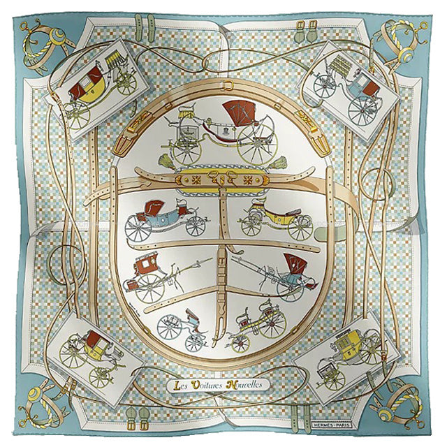 HERMES scarf Carre 70 Les Voitures Nowelles Bleu Pale/Blanc (White)/Beige Silk100%[BRAND NEW][Authentic]