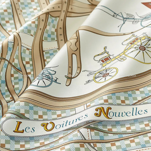 HERMES scarf Carre 70 Les Voitures Nowelles Bleu Pale/Blanc (White)/Beige Silk100%[BRAND NEW][Authentic]