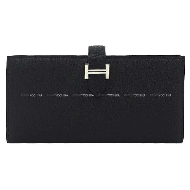 HERMES long wallet Bearn Soufflet Noir (Black) Chevre Myzore Silver HW Stamp U[EXCELLENT][Authentic]