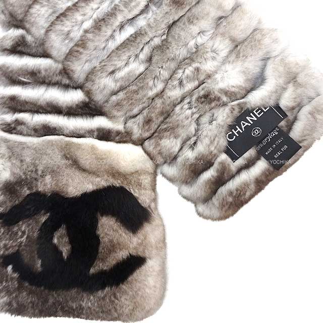 CHANEL muffler Fur COCO Mark Off white/Greige Orylag[EXCELLENT][Authentic]