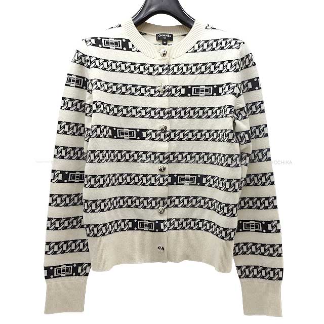 CHANEL Cardigan COCO Mark Bicolor Button Border chain pattern #36 Off white/Black Cashmere P65113[EXCELLENT][Authentic]