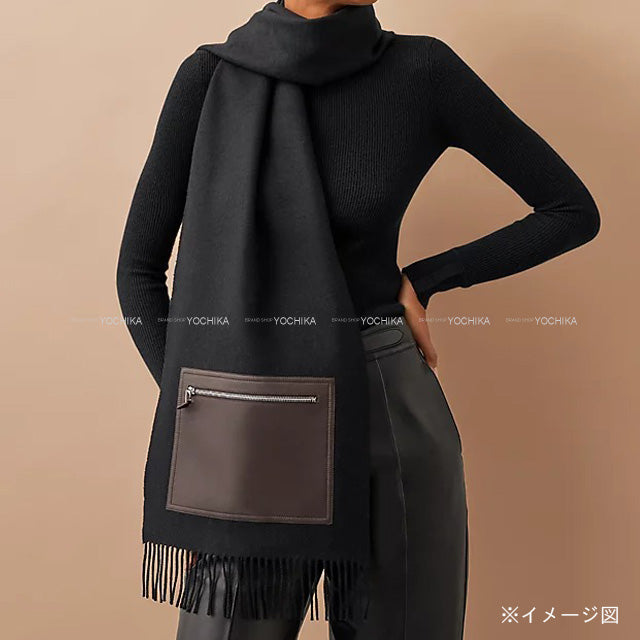 HERMES muffler Escharpe Pocket Silk-in Brides et Gris Gris Noir (Black)/Ecorce Cashmere100%/Silk100%/Lambskin Silver HW[BRAND NEW][Authentic]