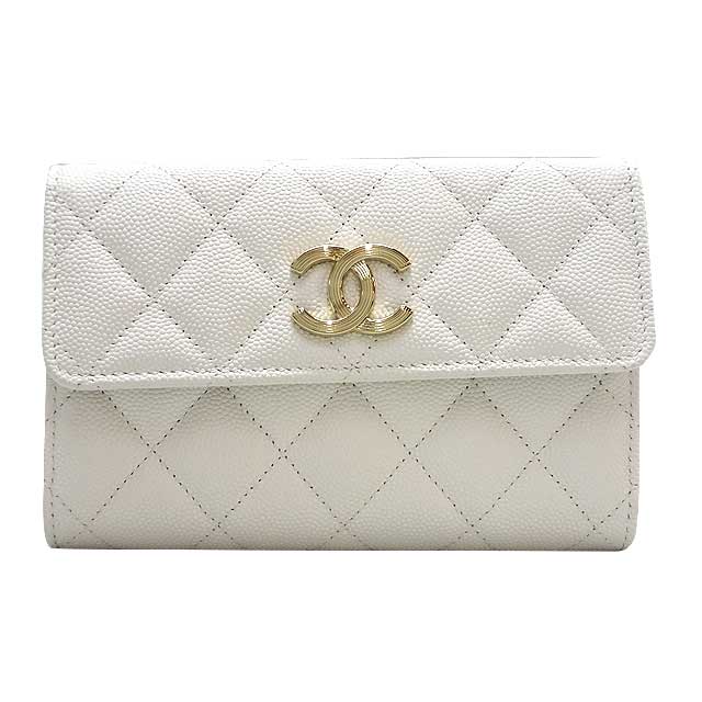 2022 SS CHANEL Tri-fold wallet Medium Flap Matelasse COCO mark Flag print Blanc (White) Graind Calf(Caviarskin) Champagne Gold HW AP3398[EXCELLENT][Authentic]