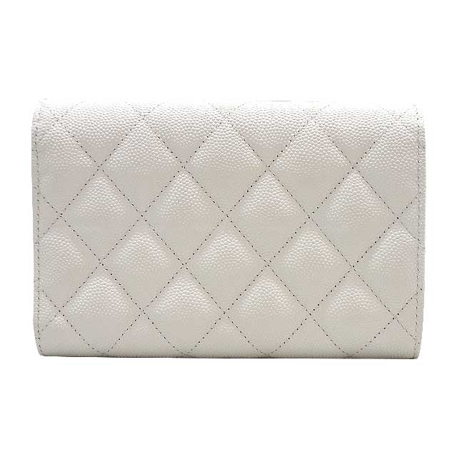 2022 SS CHANEL Tri-fold wallet Medium Flap Matelasse COCO mark Flag print Blanc (White) Graind Calf(Caviarskin) Champagne Gold HW AP3398[EXCELLENT][Authentic]