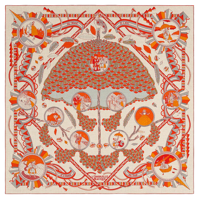 2021AW HERMES scarf Carre 140 Lombrel Le Magique Naturel/Orange/Grey Cashmere70% / Silk30%[EXCELLENT][Authentic]