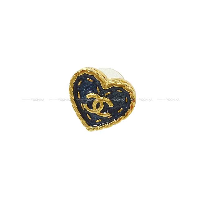 2024 SS CHANEL pierced earring Coco Mark Heart Denim Navy Metal Gold HW ABC742[BRAND NEW][Authentic]