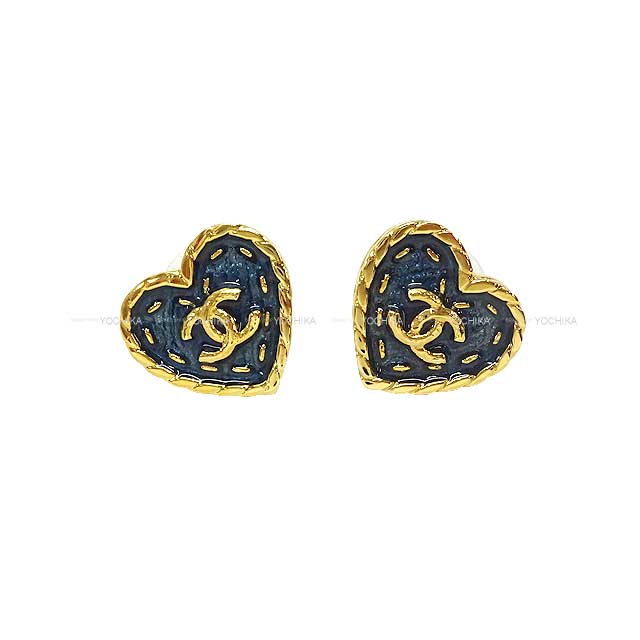 2024 SS CHANEL pierced earring Coco Mark Heart Denim Navy Metal Gold HW ABC742[BRAND NEW][Authentic]