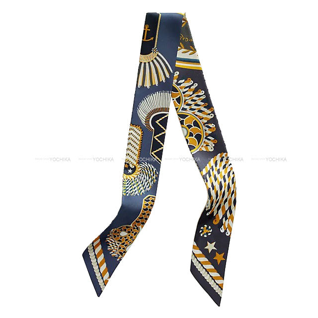 2023AW HERMES scarf Twilly Epaulettes de Gala MarineGold/Blanc(White)) Silk100%[BRAND NEW][Authentic]