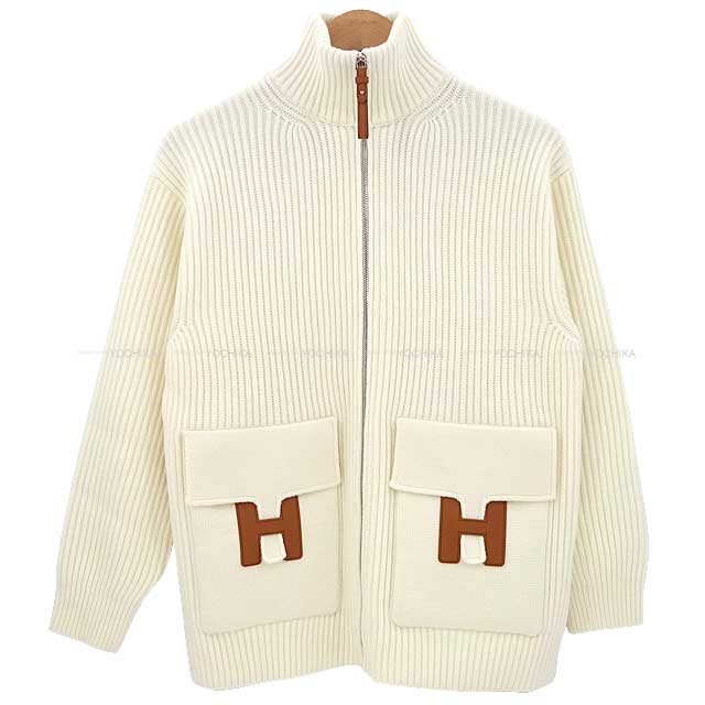 2022 AW HERMES Knit H logo pocket zip up knit #34 Blanc (White) Wool100%/Sheep Leather Silver HW[EXCELLENT][Authentic]