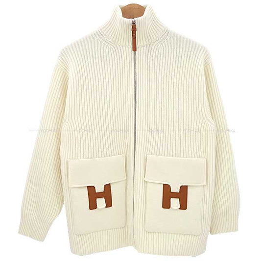 2022 AW HERMES Knit H logo pocket zip up knit #34 Blanc (White) Wool100%/Sheep Leather Silver HW[EXCELLENT][Authentic]