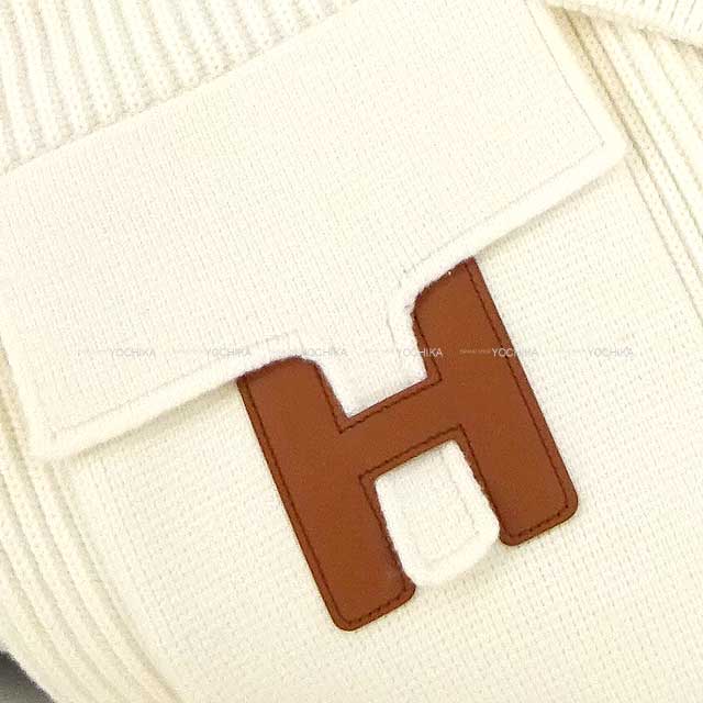 2022 AW HERMES Knit H logo pocket zip up knit #34 Blanc (White) Wool100%/Sheep Leather Silver HW[EXCELLENT][Authentic]