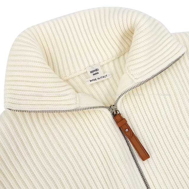 2022 AW HERMES Knit H logo pocket zip up knit #34 Blanc (White) Wool100%/Sheep Leather Silver HW[EXCELLENT][Authentic]