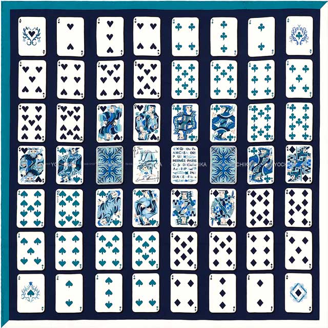 2018 SS HERMES scarf Carre 90 CE JEU DE CARTES Marine/Menthe/Blanc/Petrole Silk100%[EXCELLENT][Authentic]