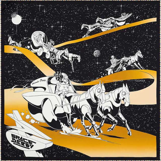 HERMES scarf Carre 90 Space Derby Noir(Black)/Blanc(White)/Gold Silk100%[EXCELLENT][Authentic]