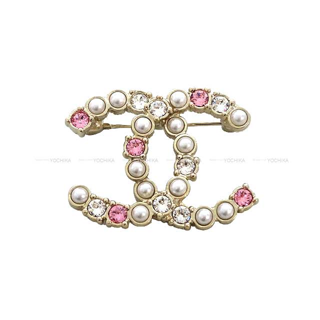 CHANEL broach Paerl Rhinestone COCO Mark Blanc (White)/Pink Champagne Gold HW ABA144[EXCELLENT][Authentic]