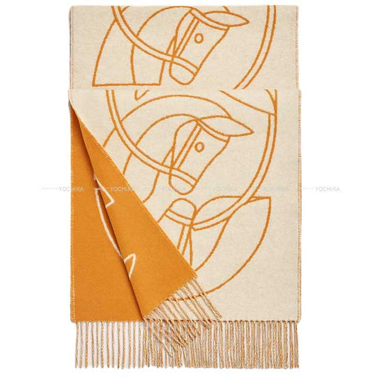 2022AW HERMES muffler Casaque Entrelacs Equestres Ivoire/Jaune Ocre Cashmere100%[EXCELLENT][Authentic]