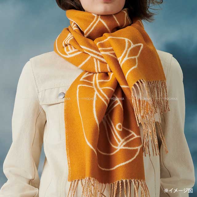 2022AW HERMES muffler Casaque Entrelacs Equestres Ivoire/Jaune Ocre Cashmere100%[EXCELLENT][Authentic]